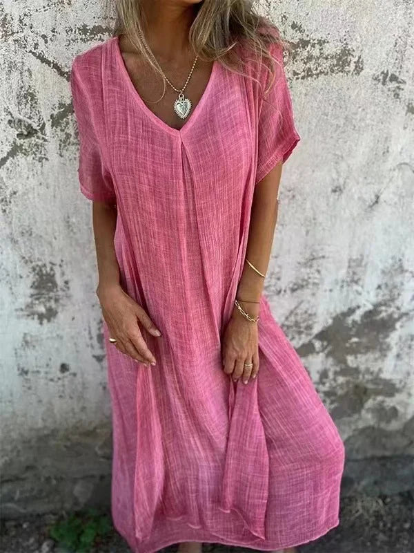 ER | Abito midi in cotone e lino con scollo a V