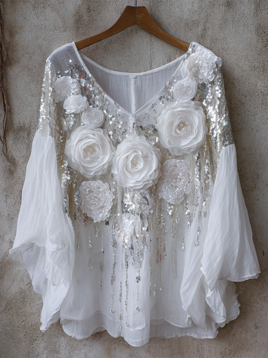 Bohemian Style Woman's V-neck White Rose Short-sleeved Shirt artswardrobe