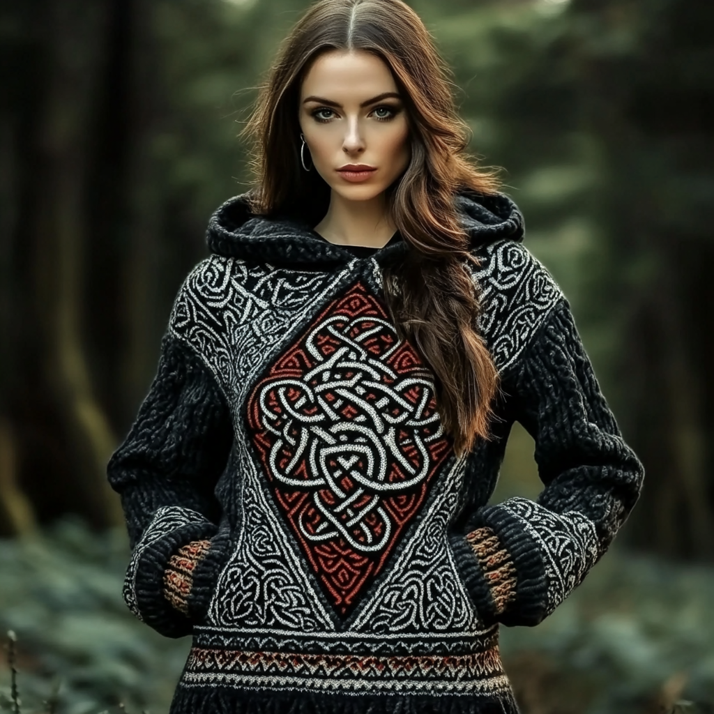 Women's Celtic Knot Complex Braided Hooded Sweater elevenforest