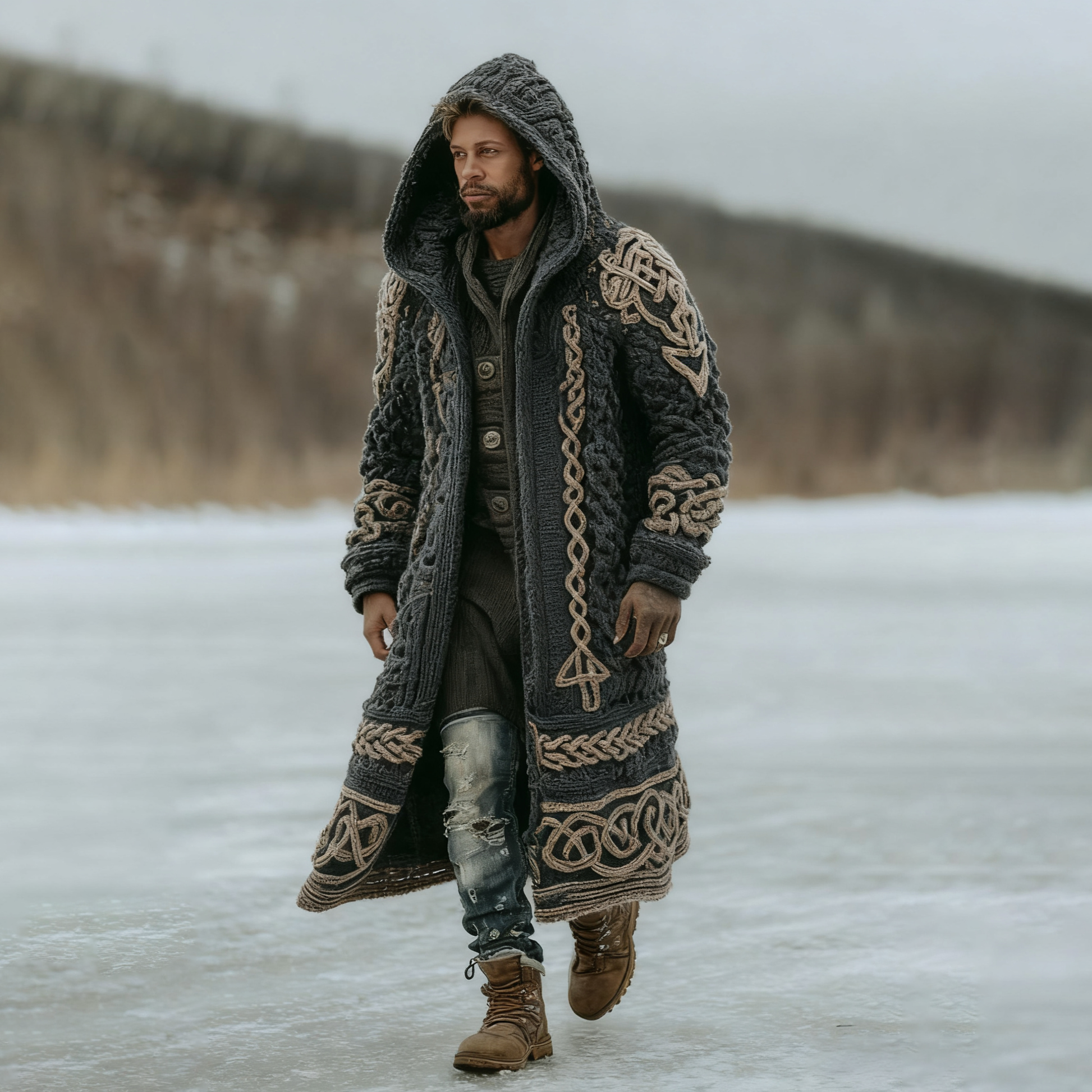 Men's Viking Celtic Knot Art  Mid-length Chunky Knit Cardigan Sweater artswardrobe