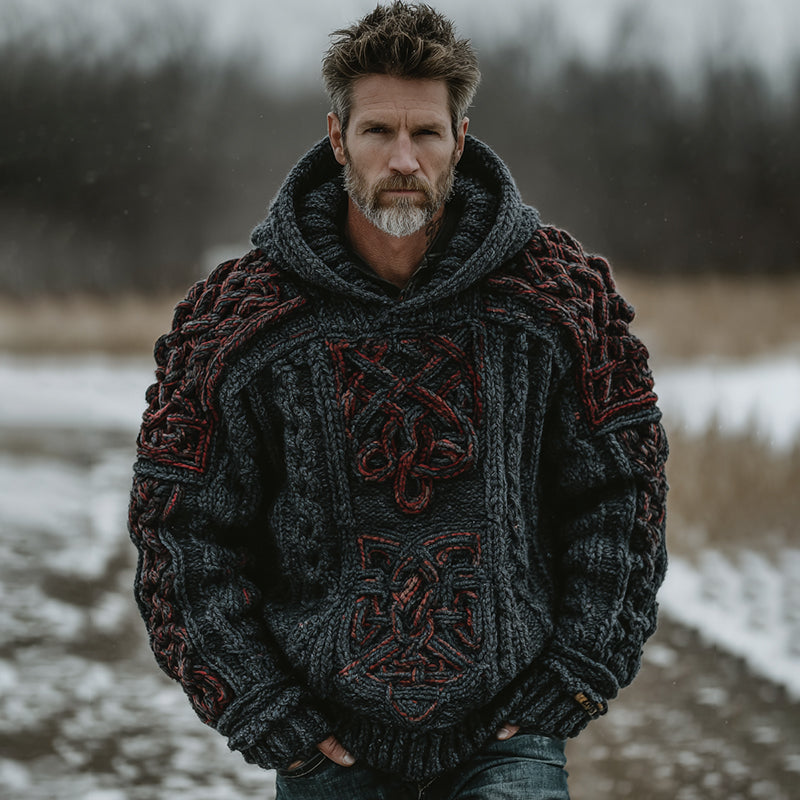 Men's Retro Contrast Celtic Knot Hooded Sweater artswardrobe