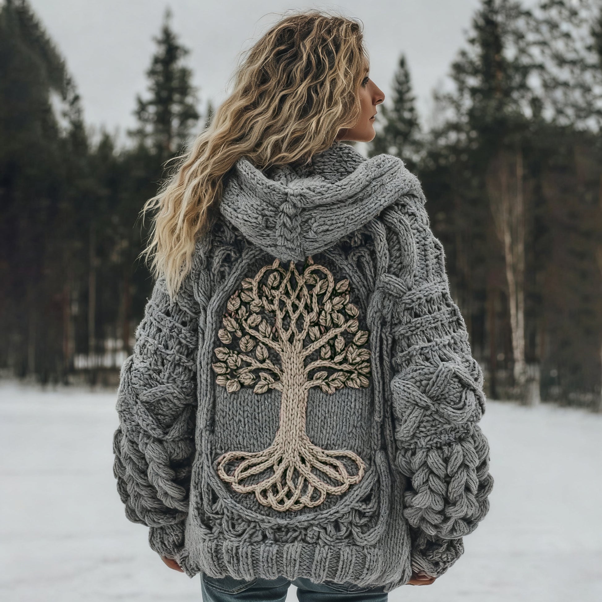 Women's Vintage Viking Tree Of Life Cozy Knit Hooded Sweater artswardrobe