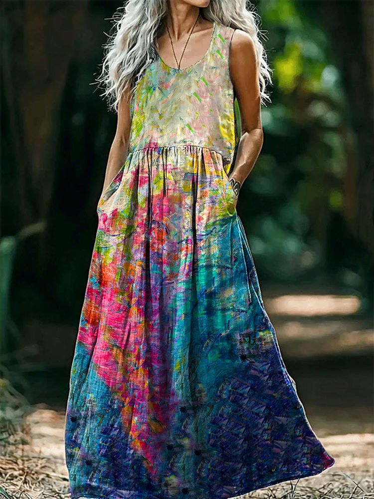 Women's Colorful Patterns Art Print Round Neck Sleeveless Cotton Pocke