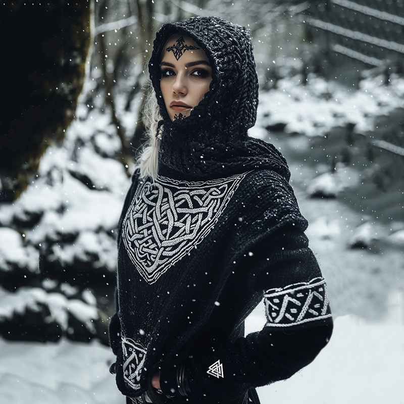 Women's Viking Tribal Jacquard Celtic Inspired Chunky Knit Hooded Sweater elevenforest