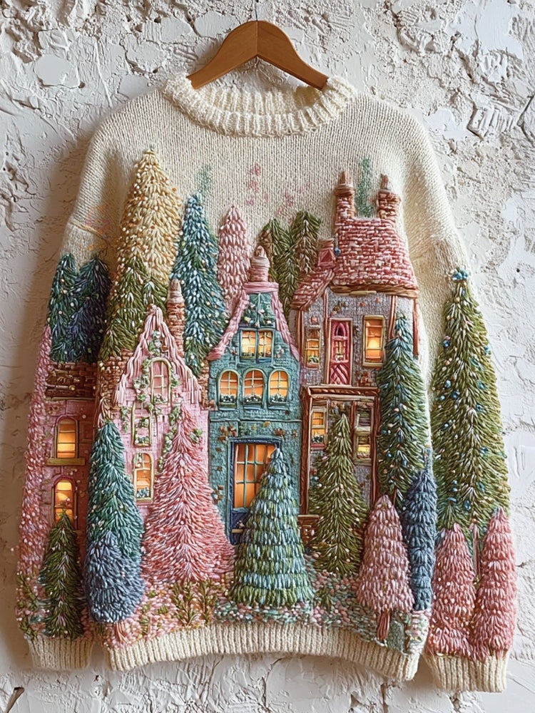 Vintage Christmas Cottage Embroidered Cozy Knit Sweater artswardrobe