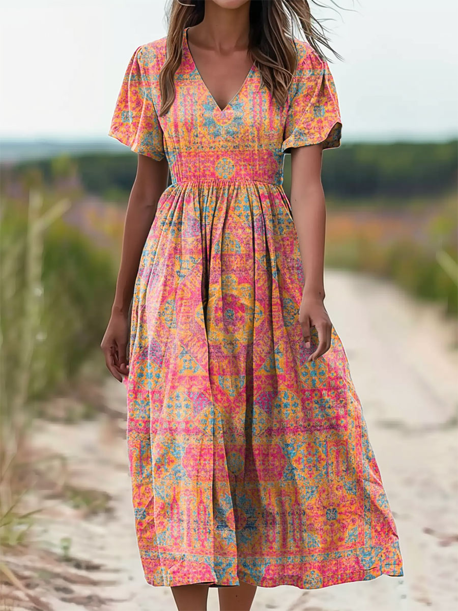 Women's Ethnic Totem Floral Print V-neck Short-sleeved Pocket Cotton D