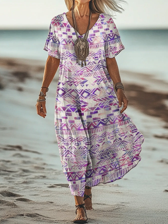 Women's Art Floral Hippie Vintage Print V Neck Dress