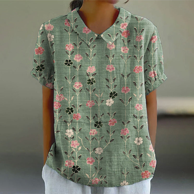 Comstylish Women's Retro Floral Art Print Casual Cotton Linen Shirt