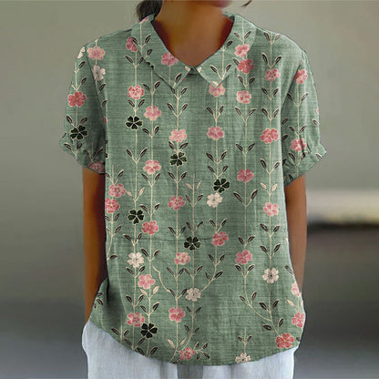 Comstylish Women's Retro Floral Art Print Casual Cotton Linen Shirt