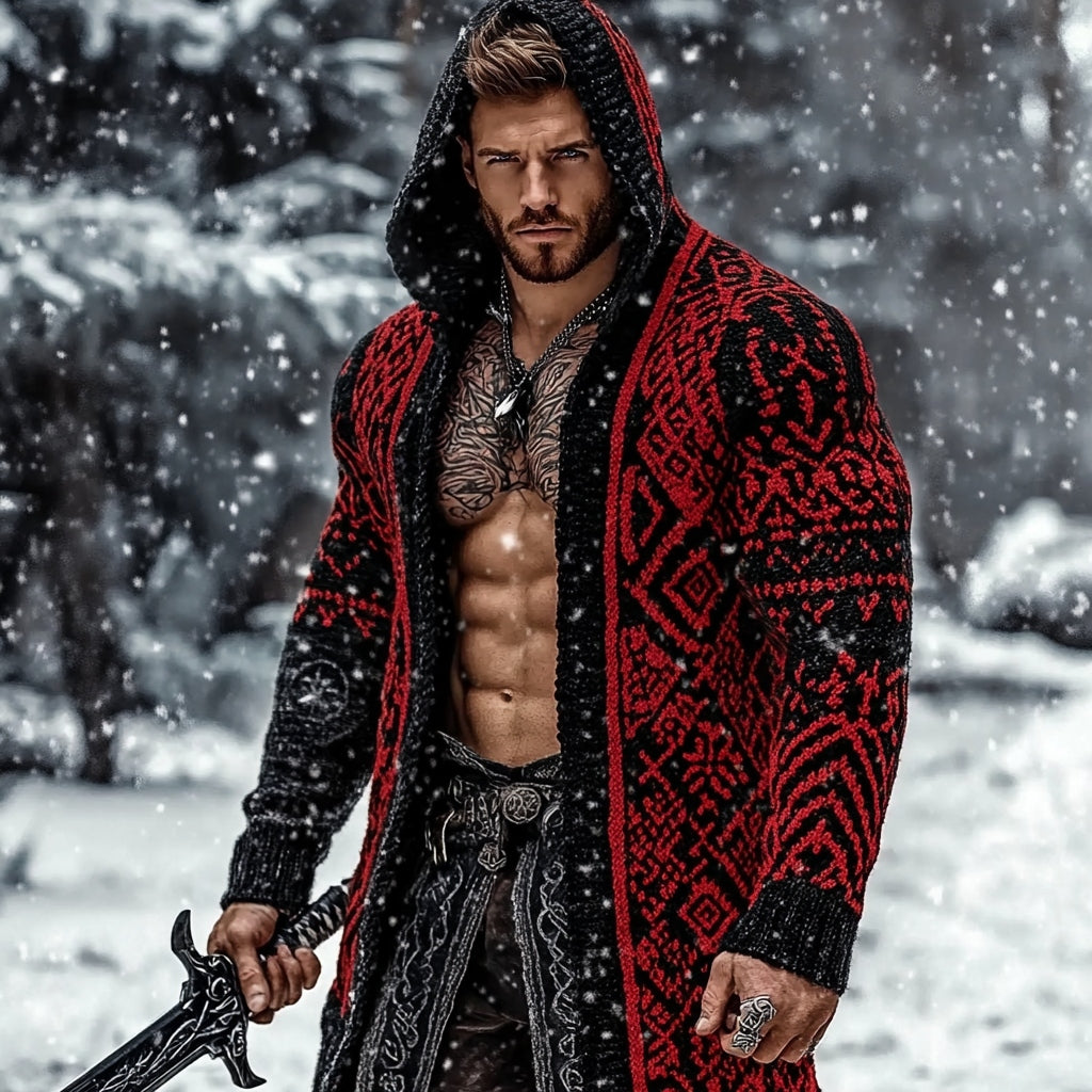 Viking Pattern Cozy Knit Hooded Cardigan artswardrobe