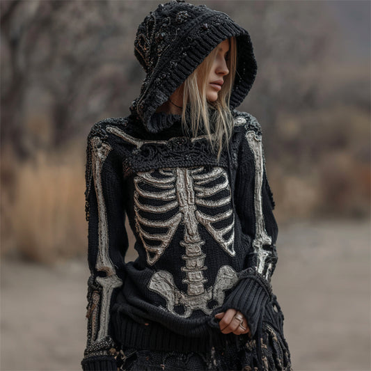 Vintage Skeleton Anatomy Hooded Cozy Knit Sweater artswardrobe