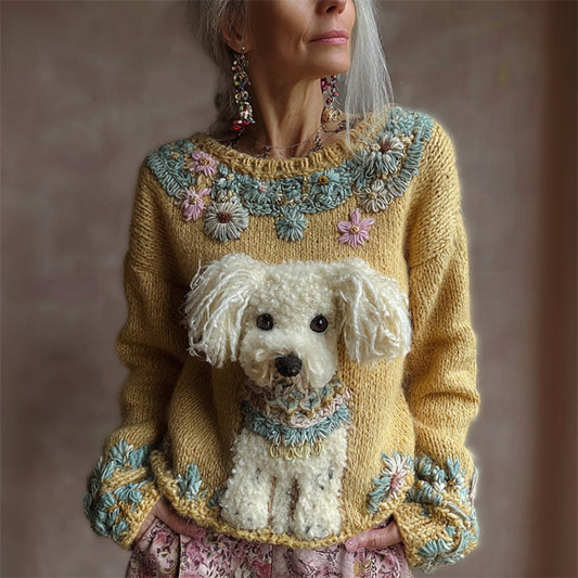 Vintage Fuzzy Dog Boho Floral Embroidered Cozy Knit Sweater artswardrobe