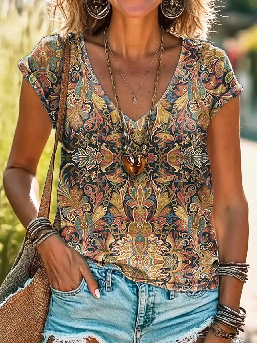 Women's Retro Ethnic Totem Art Print 100%Cotton V-neck T-Shirt