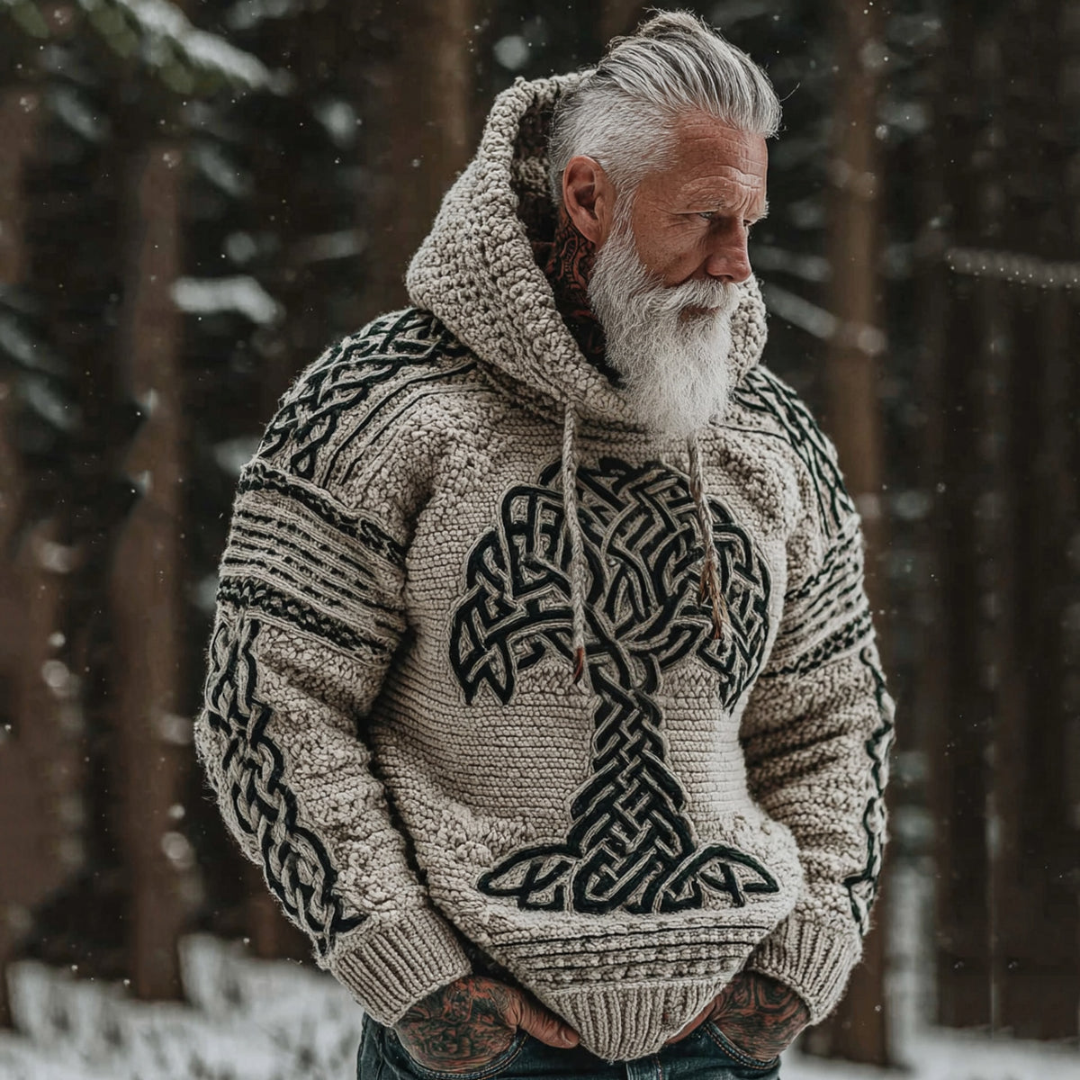 Men's Vintage Viking Tree Of Life Celtic Knot Pattern Cozy Knit Hooded Sweater elevenforest