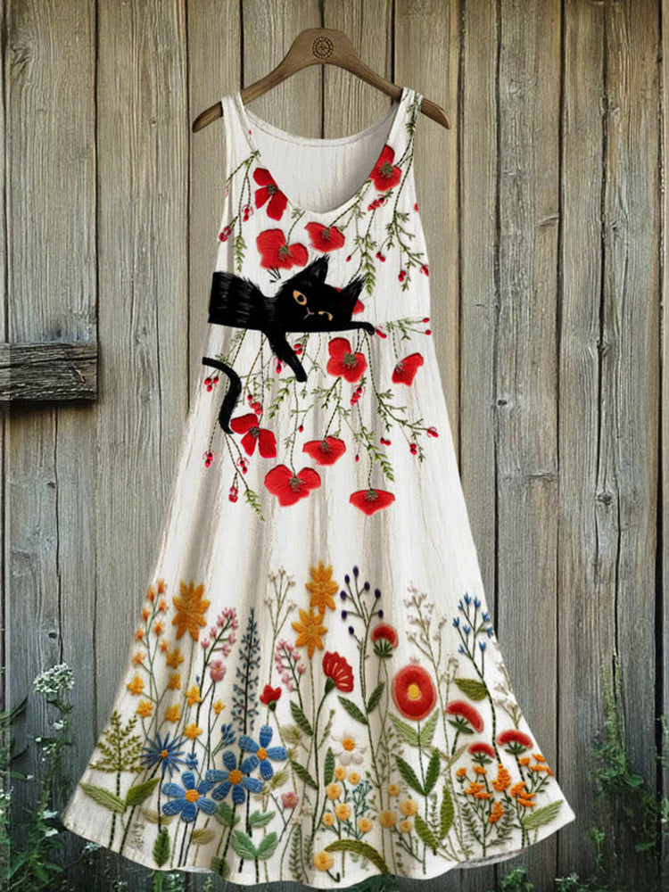 Comstylish Women's Japanese Art Embroidery Floral Cat Print Dress