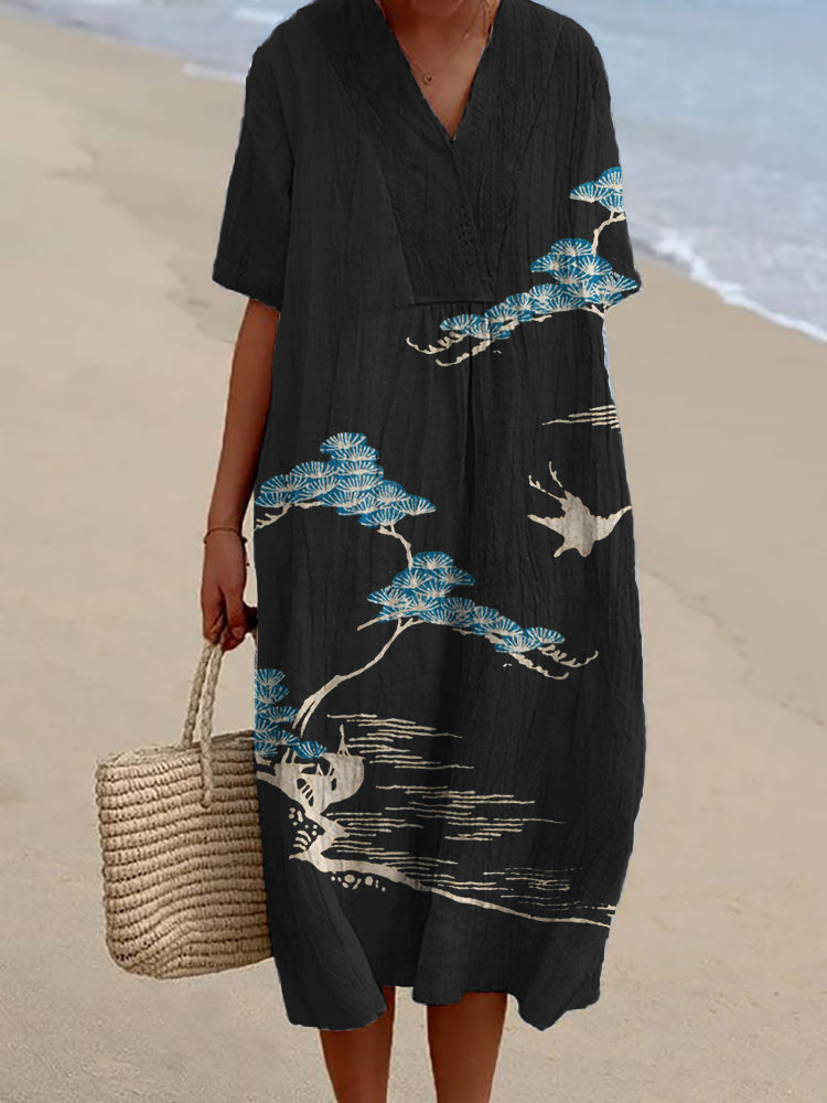Cranes & Pine Trees Japanese Lino Art Linen Blend Dress