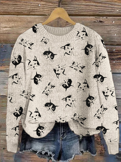 Cat Art Crew Neck Cozy Sweater elevenforest