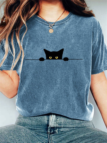 Comstylish Women's Casual Funny Black Cat Print T-shirt