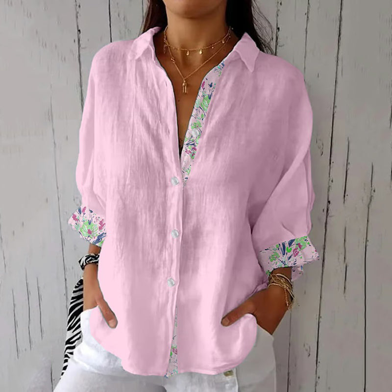 Comstylish Women's Vintage Oil Painting Floral Art Print Casual Linen Shirt