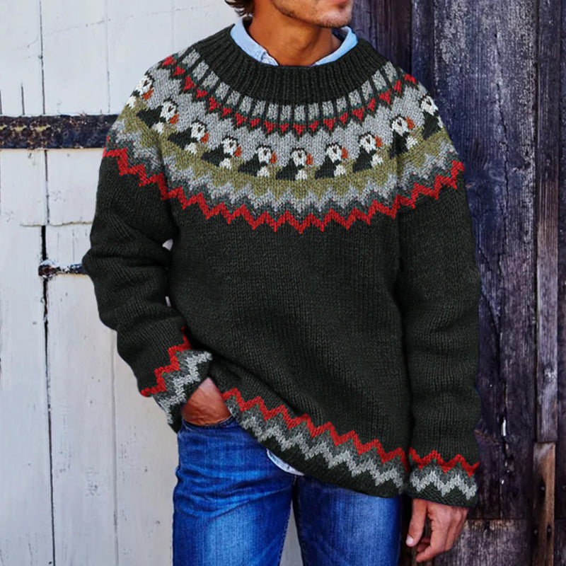 Men's Vintage Iceland Penguin Print Cozy Knit Sweater elevenforest