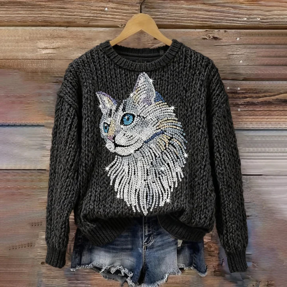 Comstylish Cute Blue Eyed Cat Rhinestone Sweater