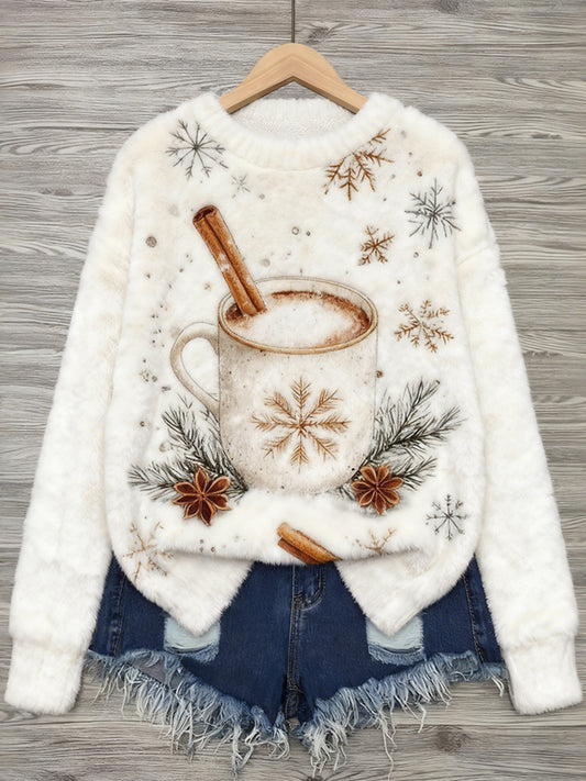 Comstylish Vintage Christmas Coffee Pattern Cozy Plush Sweater