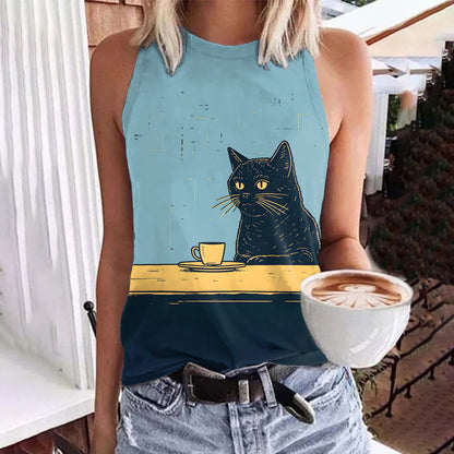 Abstract Creative Black Cat Chilling Coffee Painting Art Print Tank Top elevenforest