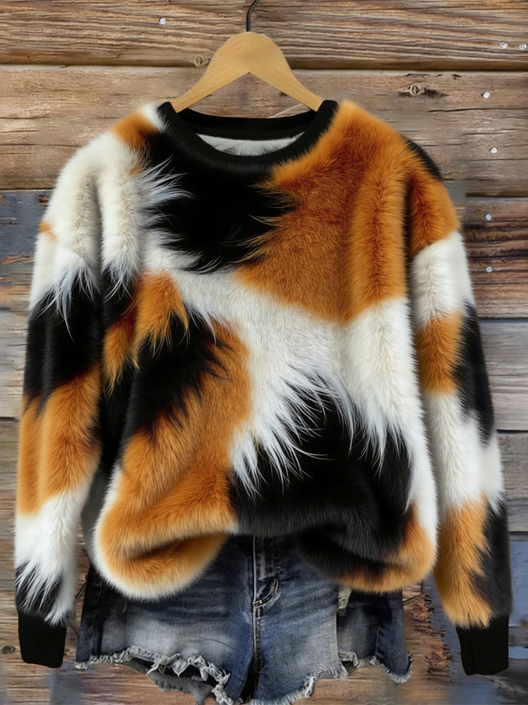 Comstylish Calico Cat Fur Skin Pattern Comfy Plush Sweatshirt