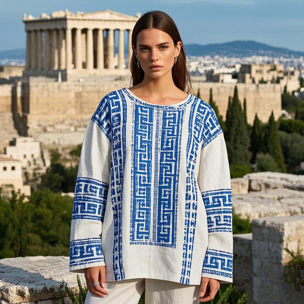 Greek Key Linen Women's Crew Neck Shirt artswardrobe
