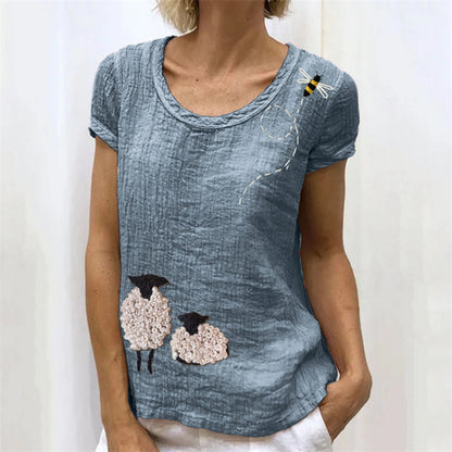 Vintage Sheep & Flying Bee Embroidered Linen Shirt artswardrobe