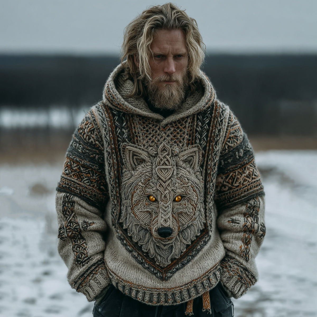 Men's Vintage Viking Celtic Knot Wolf Art Hooded Knit Sweater elevenforest