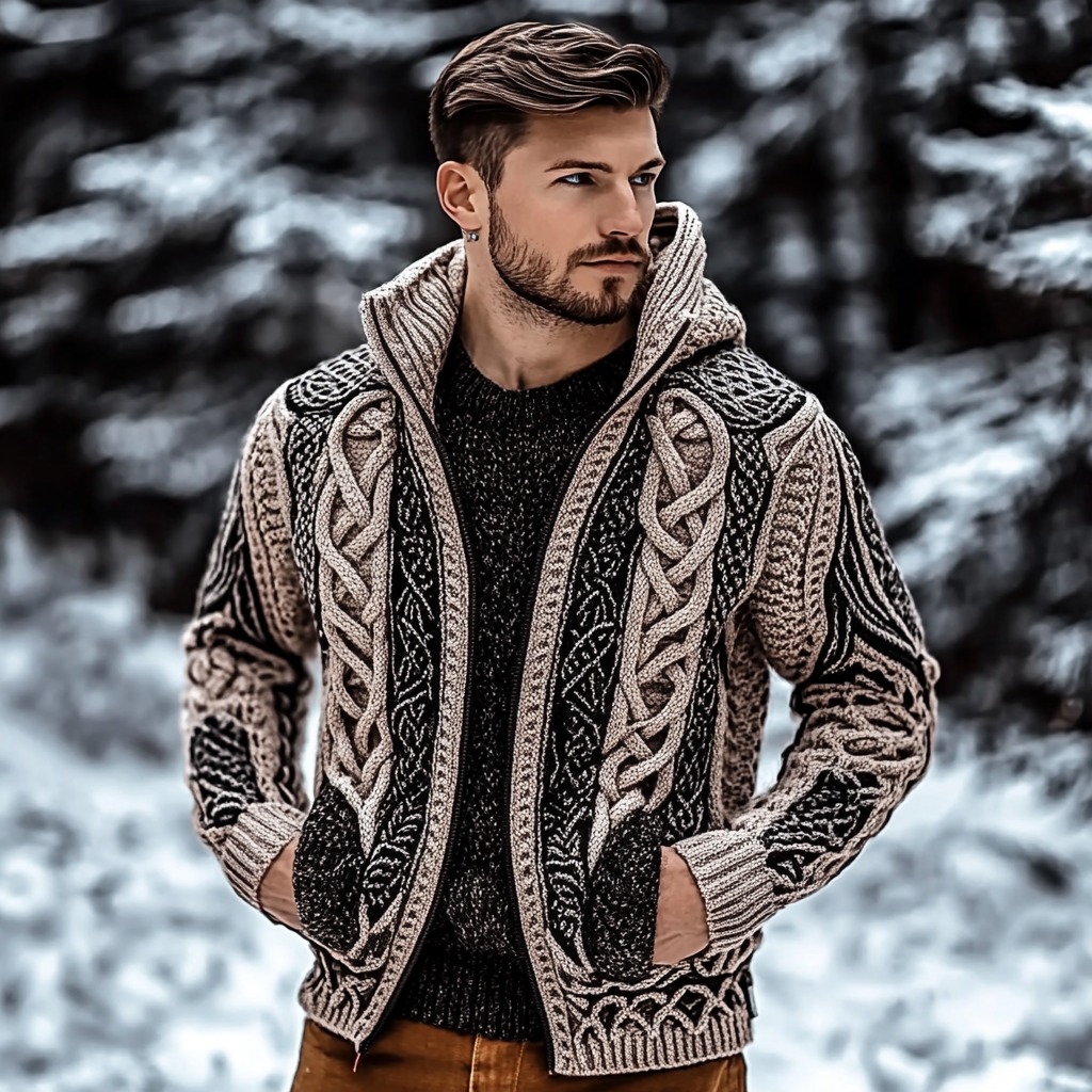 Men's Viking Tribal Jacquard Celtic Chunky Knit Hooded Cardigan artswardrobe