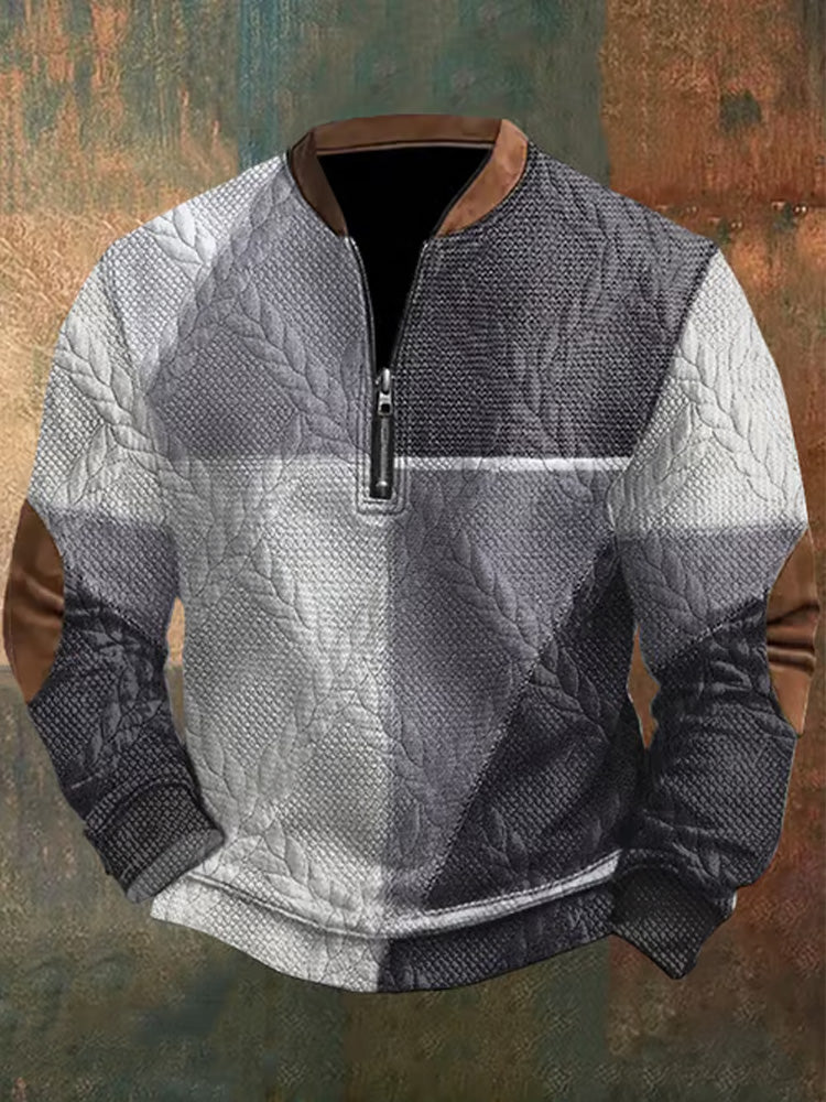 Men's Retro Western Design Jacquard Fabric Zipper Neck Sweatshirt elevenforest