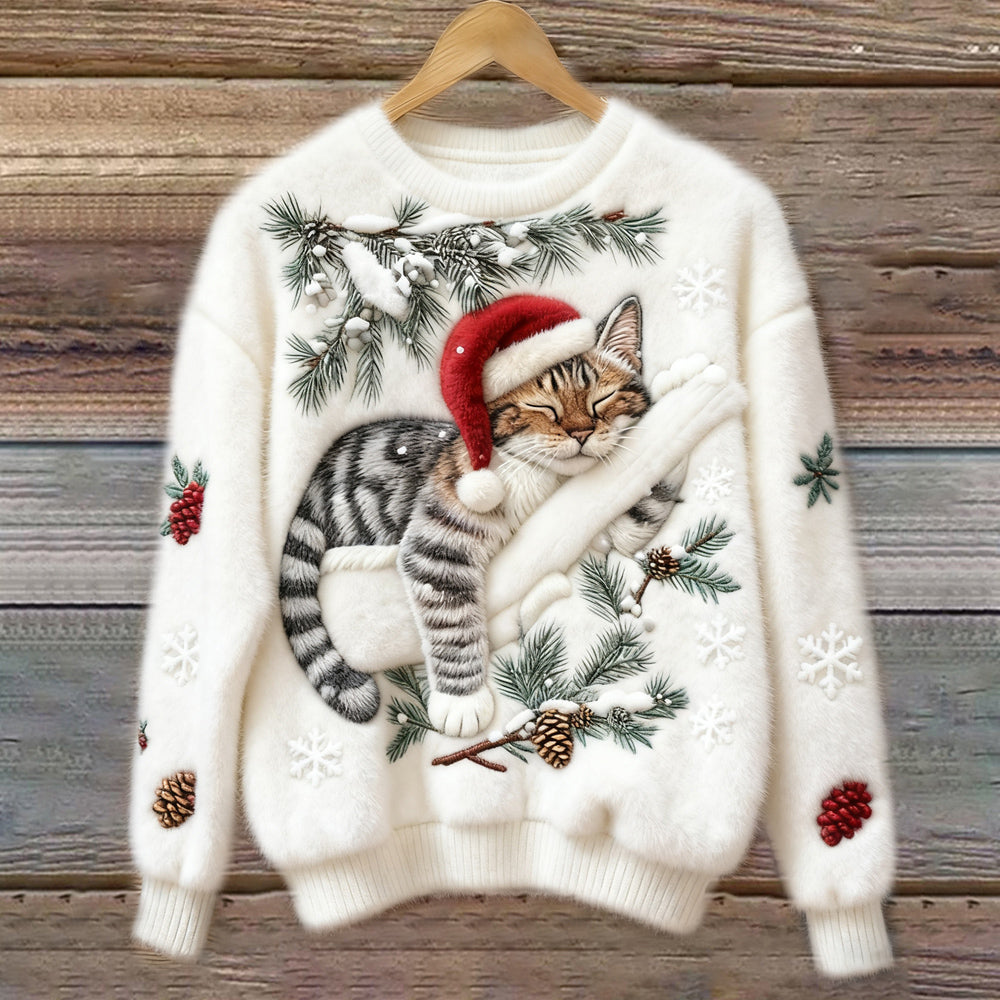 Comstylish Christmas Lazy Cat Art Women's Cozy Plush Sweater