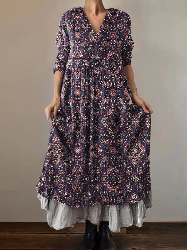 Women's Hippie Art Floral Print V Neck Dress