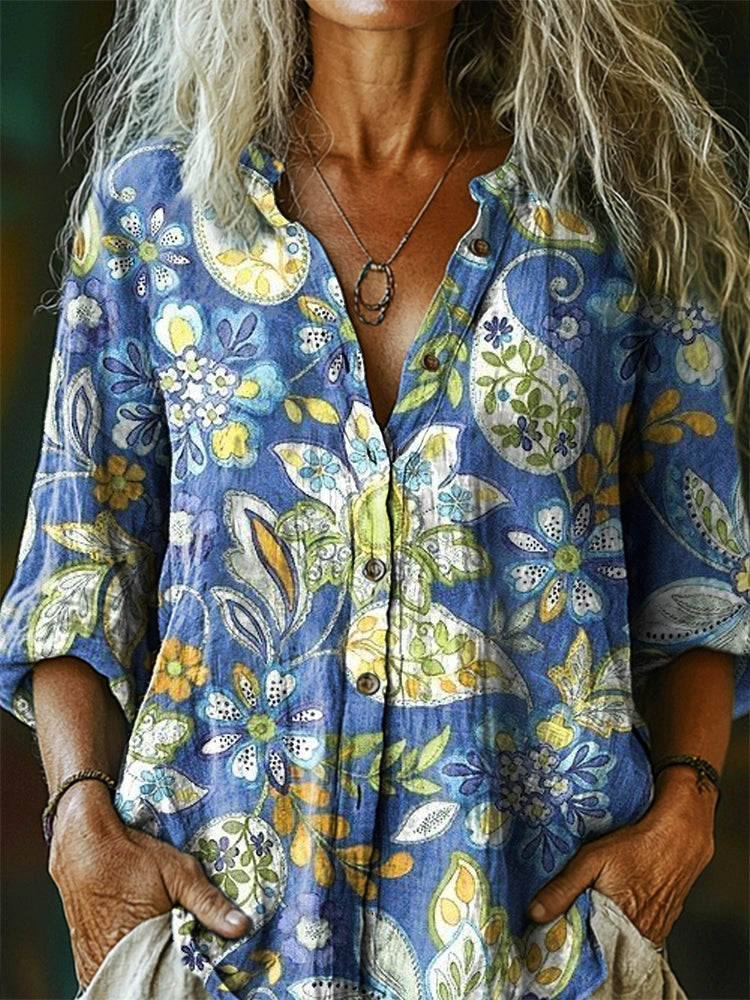 Women's Vintage Ethnic Floral Tattoo Pattern Art Print Casual Cotton L