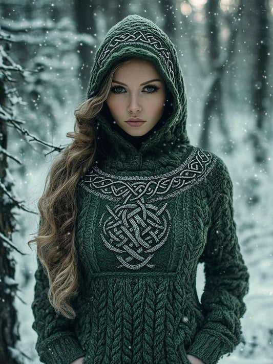 Women's Celtic Knot Pattern Chunky Knit Hooded Sweater artswardrobe