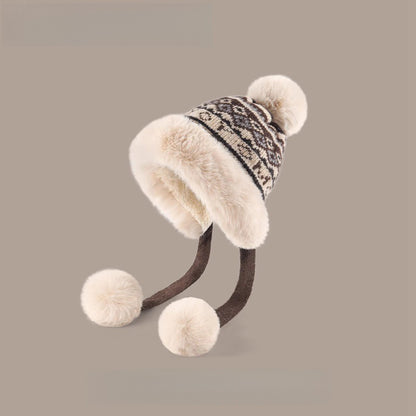 Comstylish Vintage Fair Isle Knit Cozy Fur Trim Fleece Liner Hat