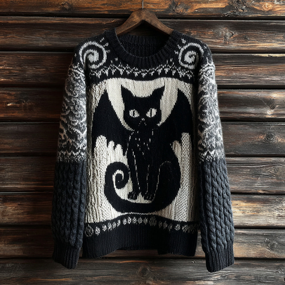 Halloween Black Cat With Bat Wings Women's Crew Neck Knit Sweater artswardrobe