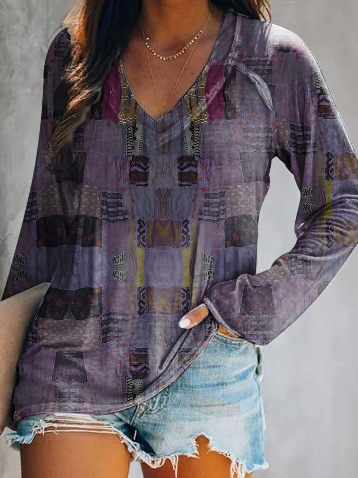 Women's Retro Ethnic Patchwork Art Print Casual V-neck Long Sleeve T-s