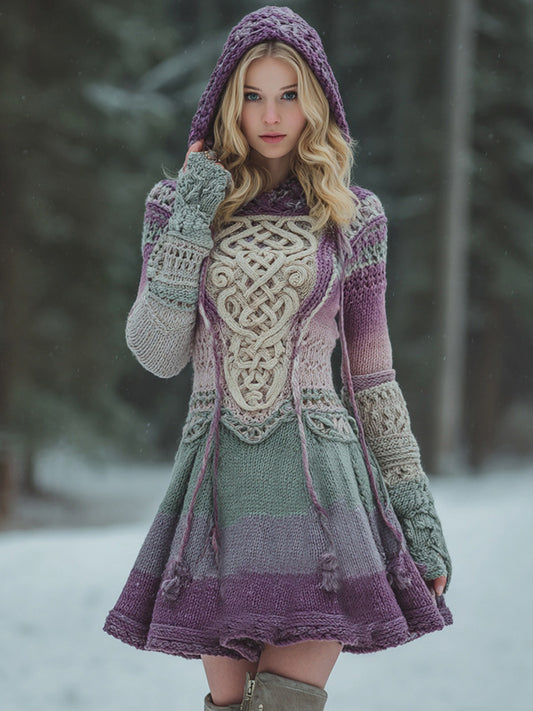 Women's Vintage Celtic Knot Ombre Hooded Sweater Dress artswardrobe