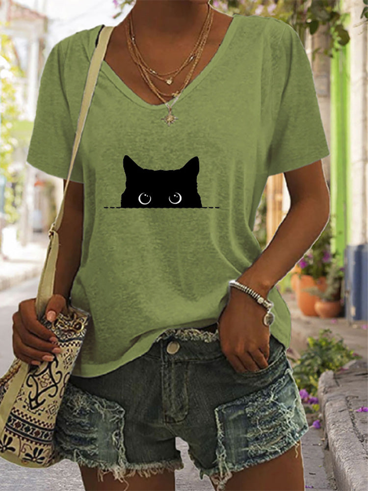 Comstylish Women's Casual Black Cat Print T-shirt