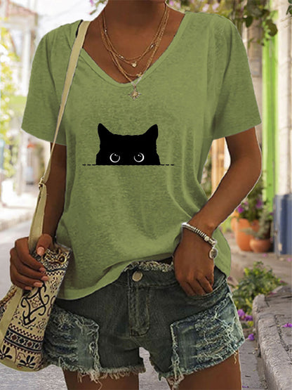 Comstylish Women's Casual Black Cat Print T-shirt