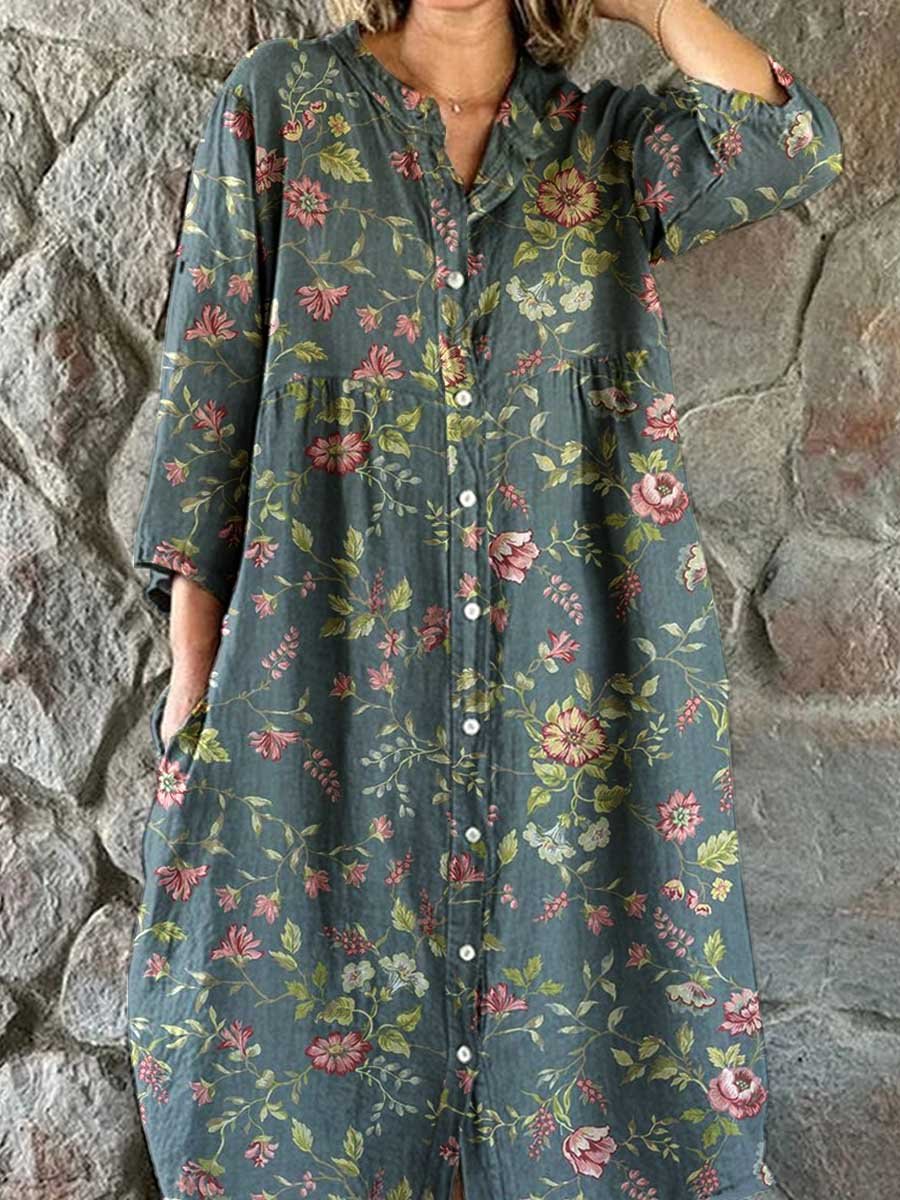 Women's Elegant Floral Pattern Shirt Style Cotton and Linen Dress