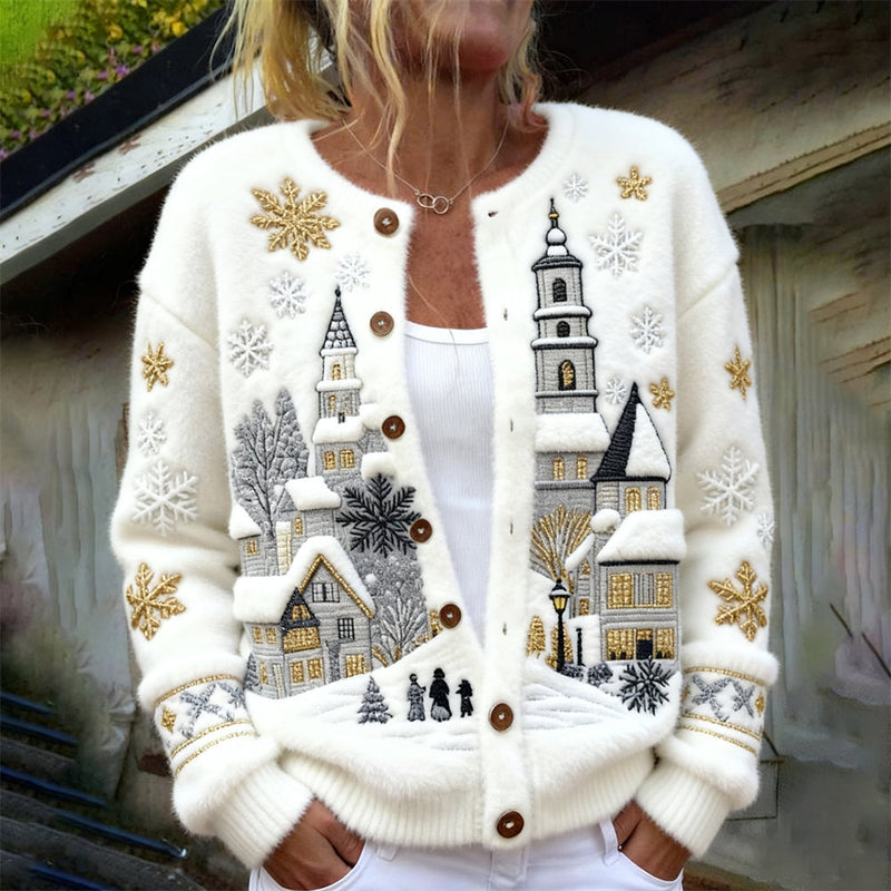 Cardigan in pile con motivo di architettura di villaggio invernale innevato