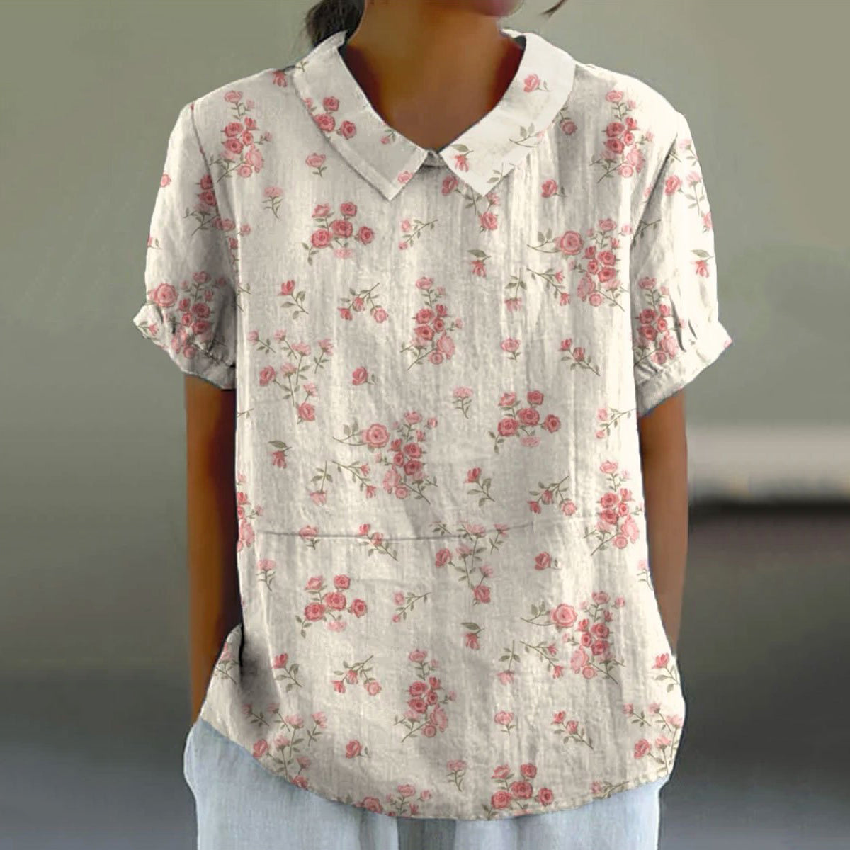 Comstylish Vintage Floral Print Lapel Short Sleeve Blouse