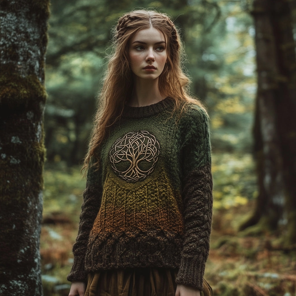 Women's Celtic Tree Of Life Forest Ombre Crew Neck Sweater elevenforest