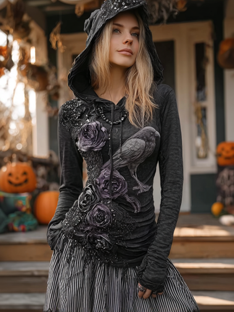 Comstylish Halloween Dark Crow Witch Design Women's Hooded Close-fitting Top