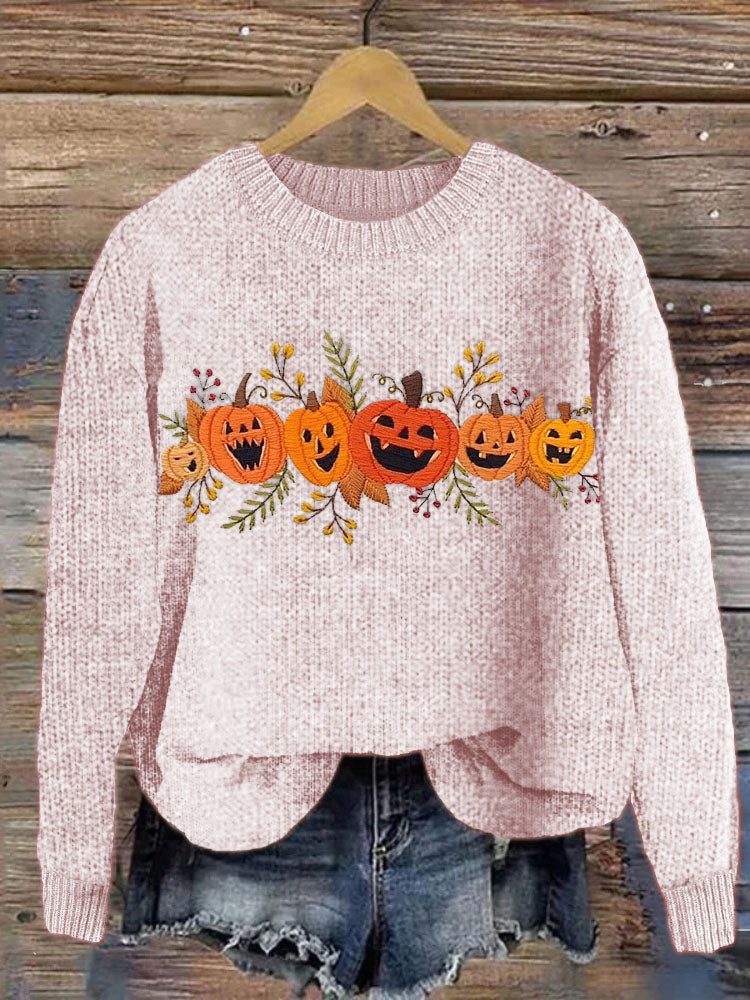 Halloween Pumpkin Embroidery Pattern Knit Sweater artswardrobe