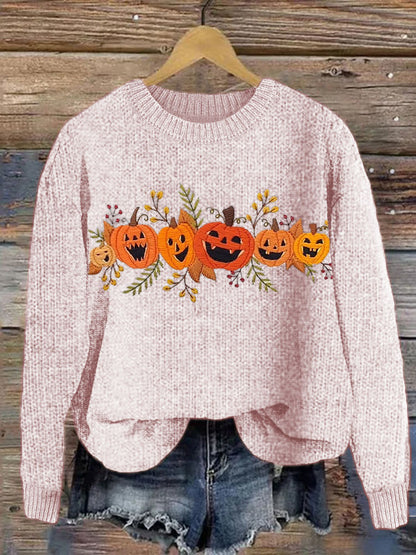 Halloween Pumpkin Embroidery Pattern Knit Sweater artswardrobe